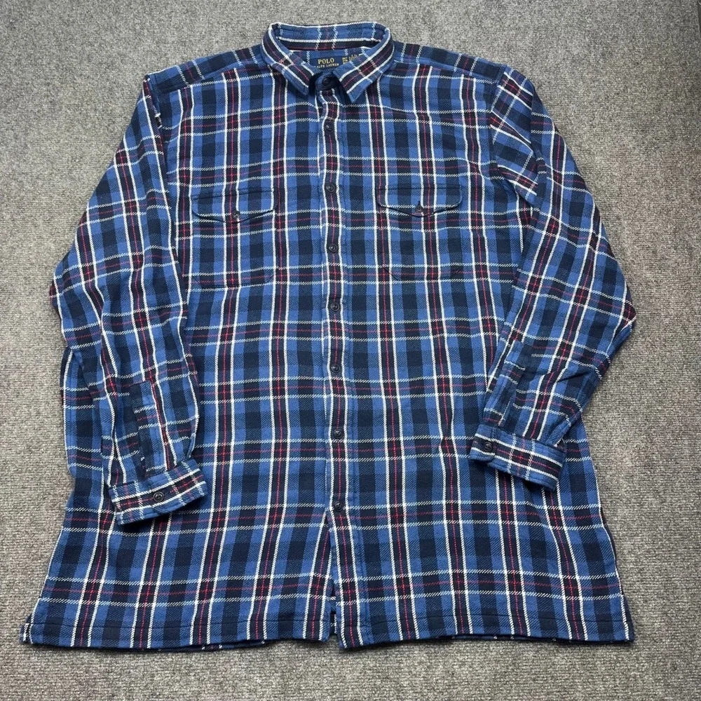 Polo RalphLauren Men 2XLT Blue Plaid Cotton Heavy Flannel Button Down Work Shirt